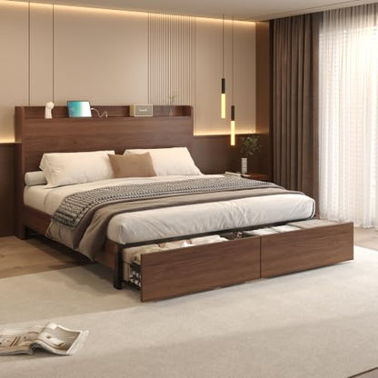 Full Size Bed Frame with Storage Headboard & 2 Drawers, Mid-Century Modern Platform Bed with Charging Station & Shelf, Wooden Slat Support, No Box Spring Needed(Full) - size: Full