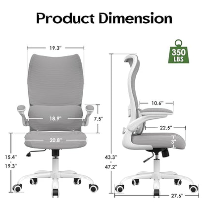 Office Chair Ergonomic Desk Chair - Comfy Mesh High Back Office Chair with Lumbar Support Wheels Home Desk Office Chairs Flip up Armrest Executive Rolling Swivel Task Work Computer Chair Grey - color: Grey