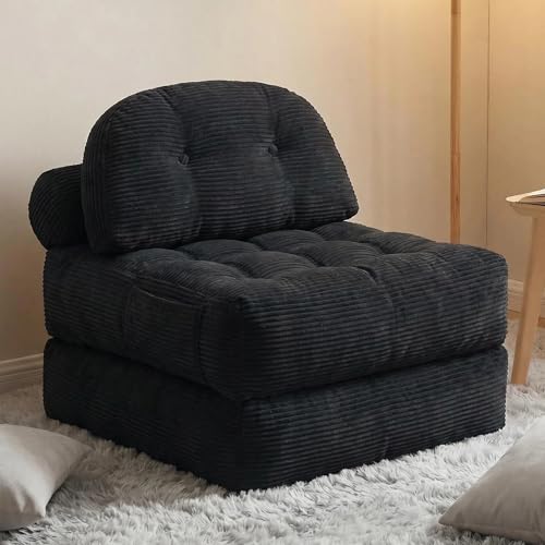 Convertible Corduroy Floor Sofa, 3-in-1 Folding Lazy Sofa Bed with Adjustable Backrest, Soft Bean Bag Chair Lounger for Living Room, Bedroom, Guest Room, Oversized Sleeper Chair - color: Black, size: Single