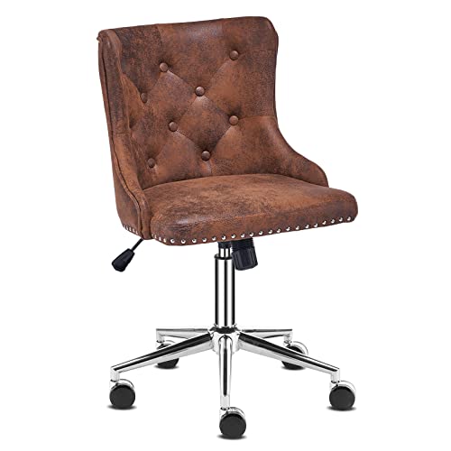 VINGLI Rustic Microfiber Armless Home Office Desk Chair with Silver Base/Wheels, Small Cute Vanity/Makeup Chair with Back for Bedroom, Upholstered Adjustable Rolling Swivel Nail Chair for Women/Girls - color: Rustic-microfiber