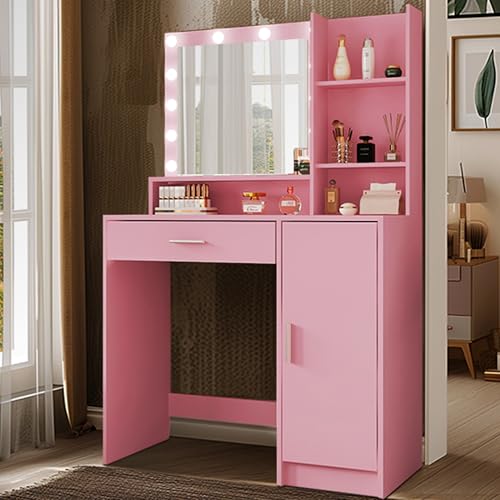 Palimder Vanity Desk with Mirror & Light, Large Drawer Three Level Storage Dresser, 3 Lighting Modes Adjustable Brightness, Bedroom Dressing Table - color: Pink