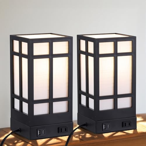 Beside Table Lamp set of 2 with AC Outlet, USB A & C Charging Port,Small Rectangular Nightstand Lamp with Bamboo Linen Shade,LED Bulbs Included,Tabletop Reading Lamp for Living Room/Dorm/Office - color: Pure Black