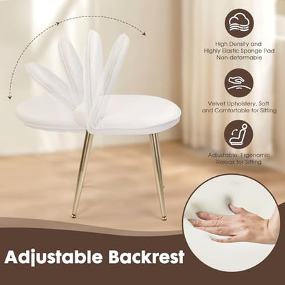 Vanity Chair with Adjustable Backrest, Velvet Upholstery Armless Makeup Stool, White Vanity Stool with Gold Metal Legs for Bedroom Living Room Kitchen Dinning Room (Velvet White) - color: Gold and Off White