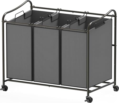 Simple Houseware Heavy Duty 3-Bag Laundry Sorter Rolling Cart, Dark Grey | Removable Bags and Lockable Wheels for Laundry Room Organization - color: Dark Grey