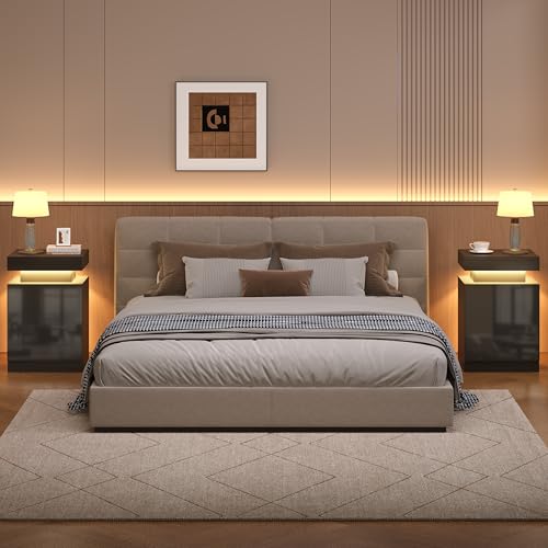 LED Nightstands Set of 2, 17 Inches Night Stand Set 2, Modern Bedside Table with LED Lights, High Gloss Surface, End Table with Storage for Bedroom, Black - color: Black-17"