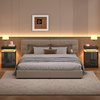 LED Nightstands Set of 2, 17 Inches Night Stand Set 2, Modern Bedside Table with LED Lights, High Gloss Surface, End Table with Storage for Bedroom, Black - color: Black-17"