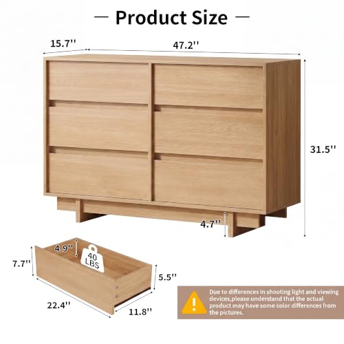 6 Drawer Oak Dresser for Bedroom, 47" Wide Mid Century Modern Dresser | Dresser with Sleek Handleless Design, Wooden Large Chest of Drawers with Elevated Base for Bedroom, Living Room - color: Oak, size: 15.7"D x 47.2"W x 31.5"H (6 Drawers)