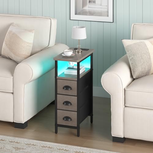 sthmec End Table with Charging Station,LED Side Tables with USB Ports and Outlets,Skinny Bedside Tables with 3 Drawers,Small Tabls Nightstands for Small Space,Slim Sofa Table for Livingroom, Grey - color: Grey, size: 7.88'' W*15.75'' D*24.3'' H, style: Po