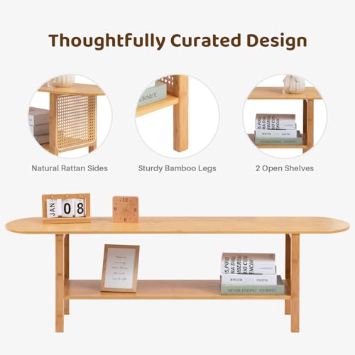 HollyHOME Bamboo TV Stand with Storage for TVs up to 65", Modern Entertainment Center with Rattan Side, Accent TV Table with 2 Shelf, Media Console TV Stand for Living Room, Bedroom, Burlywood - color: Rattan Side