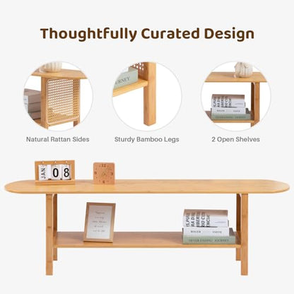 HollyHOME Bamboo TV Stand with Storage for TVs up to 65", Modern Entertainment Center with Rattan Side, Accent TV Table with 2 Shelf, Media Console TV Stand for Living Room, Bedroom, Burlywood - color: Rattan Side