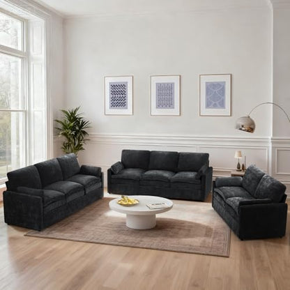 3 Pieces Chenille Sofa Set w/Two Arm Pillows, Black | Upholstered Loveseat & 2 Pieces 3-Seater Sofa w/Soft Cushions, Modern 2-Seat & 3-Seat w/High-Density Foam for Living Room - color: Black, size: 69" & 89" & 89" Sofa Set