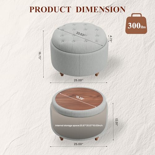 25" Round Ottoman with Storage, Small Coffee Table with Reversible Tray Lid | Tufted Fabric Round Storage Ottoman with Solid Wood Legs, 3-in-1 Footrest for Living Room, Bedroom, Entryway, Gray - color: Grey