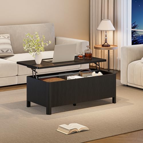 Fluted Lift Top Coffee Table with Storage, Mid Century Modern Coffee Table with Hidden Compartment, Rising Top Wood Center Table for Living Room, Home Office, Rounded Edges (Black) - color: Black