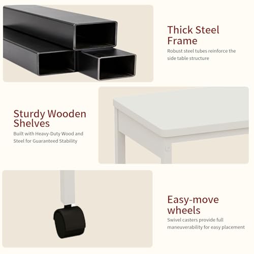 Slim Rolling Side Table with Basket, Narrow Storage Cart on Wheels for Sofa | Rolling side table with basket for living room, bedroom | Holds lamp, plants | Wood-metal shelf | Nightstand, printer stand