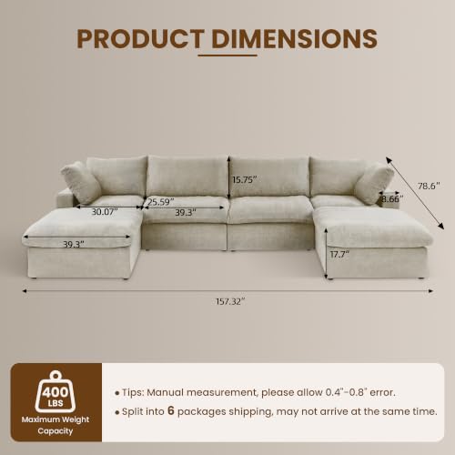 161" Cloud Modular Sofa, Convertible Modular U-Shaped Couch with Storage Ottoman, Cotton Linen Fabric Sofa for Living Room, Apartment and Bedroom, Removable Covers, 2 Pillows, Khaki - color: Khaki, size: U-Shape