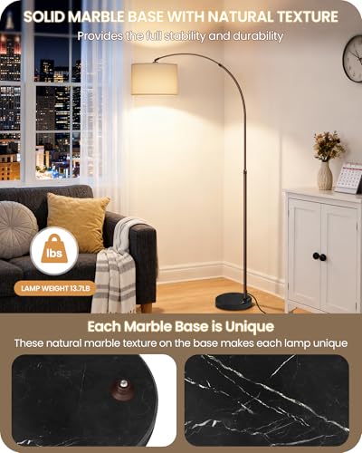 75" Arc Floor Lamp with Marble Base and Adjustable Height, Rotating Hanging Shade, Dimmable Floor Lamp for Living Room with Remote and Foot Switch, 3CCT, Over Couch Arched Light, White Brown VW15LD05 - color: Brown + White