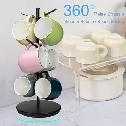 360° Rotating Mug Tree, 6 Hooks Upgraded Stable Metal Mug Holder, Bamboo Base Coffee Mug Cup Rack for Counter Top, Mug Display, Home Storage and Cup Organizer, Black - size: 6 Hooks 360°