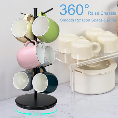 360° Rotating Mug Tree, 6 Hooks Upgraded Stable Metal Mug Holder, Bamboo Base Coffee Mug Cup Rack for Counter Top, Mug Display, Home Storage and Cup Organizer, Black - size: 6 Hooks 360°
