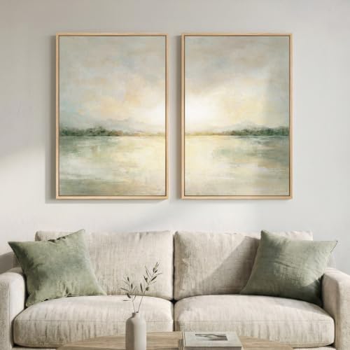 Framed Sage Green Abstract Landscape Wall Art for Living Room, Set of 2 | Neutral, Canvas prints, Large, Modern, Minimalist, Nature, Lake, Scenic, 20x30 Inch, Ready to hang, Wall decor for bedroom - color: Green Neutral, size: 20" W x 30" H x 2Pcs