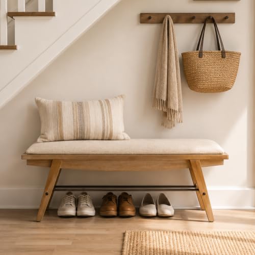 43.5'' Entryway Bench Linen Upholstered Shoe Benches Farmhouse Dining Table Benches for for Hallway Living Room Bedroom End of Bed, Beige - color: Beige, size: 43.5''