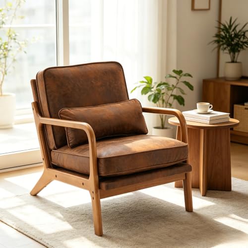 Karl home Mid-Century Modern Accent Reading Chair, Brown | Bronzing Upholstered, Solid Wood Frame, Soft Cushion, Lumbar Pillow, Lounge Armchair for Living Room, Bedroom, Balcony, Study - color: Bronzing Brown