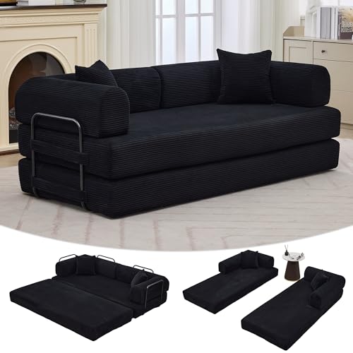 GarveeHome 79" Convertible Sleeper Sofa Bed Couch, 4-in-1 Boneless Corduroy Folding Sofa Bed with Pillow & Fixed-Shape, Floor Mattress Couch Loveseat for Living Room Apartments - No Assembly, Black - color: Corduroy | Black