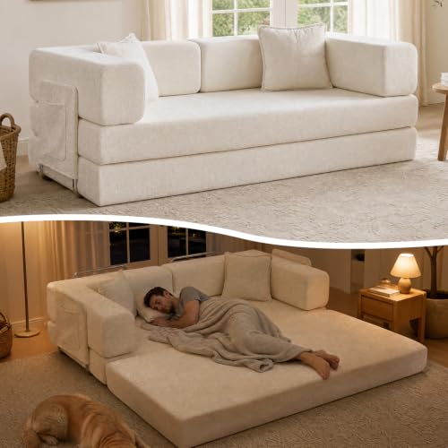 79" Boneless Couch for Living Room, Futon Sleeper Sofa Bed | Convertible Sofa Bed, Velvet Pull Out Couch Loveseat with Storage Pocket, Modular Design, No Assembly, White - color: White, size: 79inch