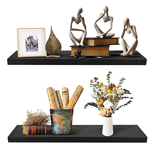 SAUMONIERES 24 Inch Floating Wall Shelves for Bedroom Bathroom Wall Mounted Solid Wood Shelf Storage Decor Set of 2, Black Floating Shelves - color: Black, size: 24 Inch-2 shelves