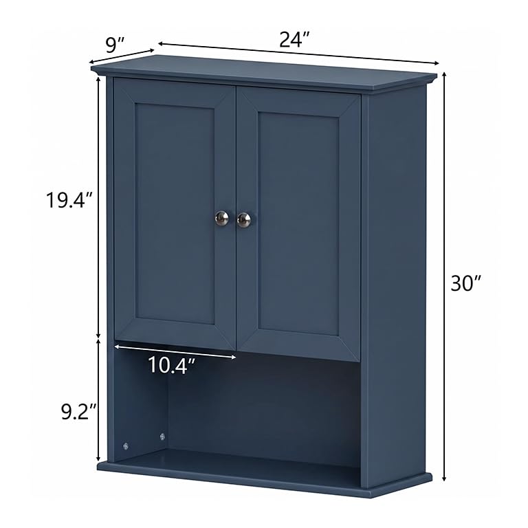 Medicine Cabinet, Over The Toilet Storage Cabinet, 24x30 Inch Wall Mount Bathroom Storage Cabinet with 2 Doors & Adjustable Shelf, Wooden Bathroom Wall Cabinet, Blue - color: Blue