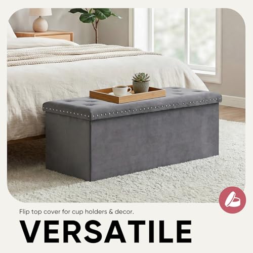 43 Inches Velvet Storage Ottoman Bench, Folding Upholstered Ottoman with Storage for Bedroom Living Room, 140L Capacity - color: Grey