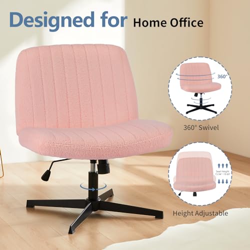 DUMOS Criss Cross Chair No Wheels, Cross Legged Office Desk Armless Vanity Chiar Wide Seat, Height Adjustable Swivel Computer Task Chairs for Home Bedroom, Pink Teddy - color: Pink Teddy