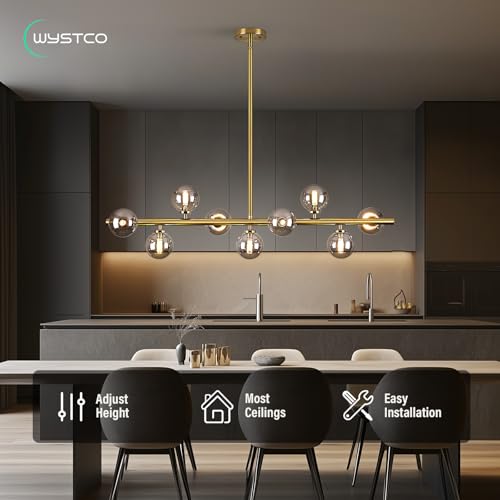 Mid Century Modern Globe Sputnik Chandelier, 9-Light Linear Chandeliers for Dining Room and Kitchen Island, Dining Light Fixture Over Table, Brass Gold and Smoke Grey Glass Bubble, 40 Inch - color: Gold Somke Grey, size: 9-Light 40 Inch