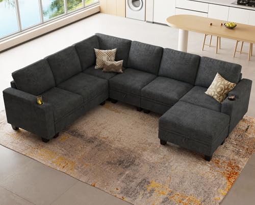 Belffin Chenille Modular Sectional Sofa Convertible L Shaped Corner Couches for Living Room with Storage Armrest with Cup Holder Dark Grey Couch - color: Dark Grey, size: 6-seater sofa