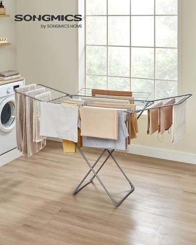 SONGMICS Clothes Drying Rack, Metal Laundry Drying Rack, Foldable, Space-Saving, Free-Standing Airer, with 4 Gullwings, Indoor Outdoor Use, Bed Linen Clothing, Gray ULLR541G01 - color: Gray, style: 4 Gullwings（31.7"D)
