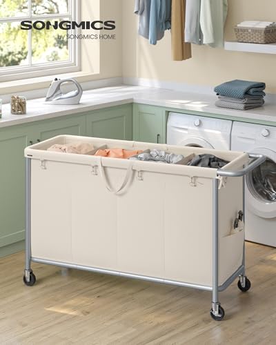 SONGMICS Laundry Basket with Wheels, 4-Section Rolling Laundry Hamper, 68.6 Gallons (260 L), Removable Liner, Steel Frame with Handle, 43.3 x 15.4 x 31.9 Inches, Cream White URLS014W01 - color: Cream White, size: 260 L (4-Section)