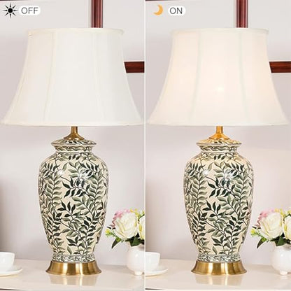 27.95 Modern Table Lamps, Ceramic Table Lamp with Painted Leaves, White Bedside Table Lamp, Table Lamp for Bedroom, Living Room, Study Room