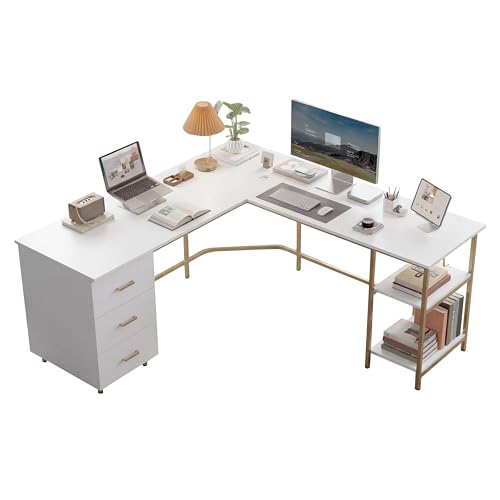 Techni Mobili 59" Two-Tone L‑Shaped Office Desk with Storage Shelves, Gold | 59" two‑tone L‑shaped desk with storage shelves, durable frame, modern corner workstation, spacious home office writing space - color: Gold