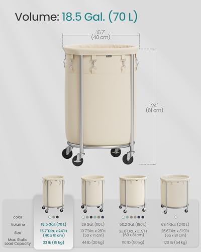 SONGMICS Laundry Basket, Rolling Steel Frame with 2 Locking Wheels, 70 L | Heavy-Duty Laundry Hamper Cart with Removable Bag, Cream White and Metallic Silver, URLS006W01 - color: Cream White + Metallic Silver, size: 70 L (1-Section)