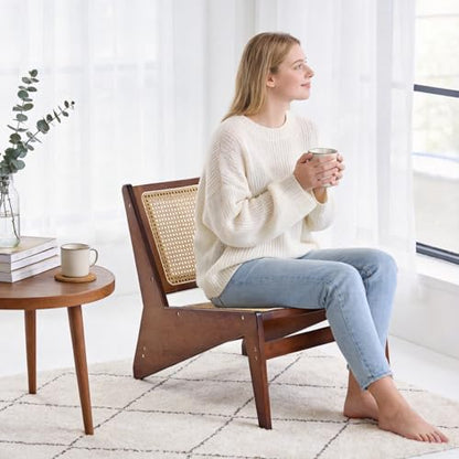 MBOOYOME Mid Century Modern Accent Chair, Compact Low-Profile Lounge Chair | Solid Wood Armchair with Woven Rattan Cane Seat and Back for Small Spaces, Bedroom, Reading Nook and Living Room, Walnut - color: Walnut