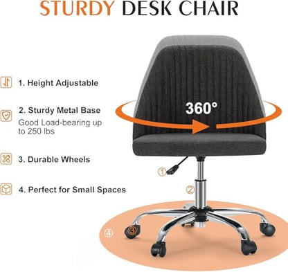 Simple Deluxe Armless Office Desk Chair, Modern Cute Swivel Vanity Chair Comfy Home Office Chairs with Wheels Height Adjustable Rolling Computer Task for Living Room, Make-up, Bedroom, Dark Grey - color: Dark Grey