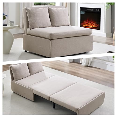 BALUS 43" W Twin Pull Out Sofa Bed Sleeper Couch with Pullout Beds, Convertible 2 in 1 Linen Sleepers Sofas Armless Chair with Pillows and Foldable Mattress for Small Space Apartment Loft, Beige - color: Beige, size: Twin