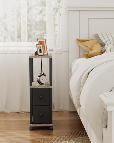TUTOTAK Small Narrow End Tables, Side Tables with 2 Fabric Drawers, Set of 2, Bedside Tables with Charging Station for Small Spaces, Slim Nightstands with USB Ports and Wheels, TB01BG053 - color: Greige, style: with Outlets