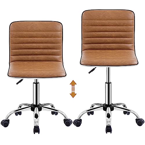 Topeakmart Ribbed PU Leather Armless Desk Chair, Swivel Chair, Retro Brown | Cushioned ribbed PU leather low-back seat slides neatly under desks. Seat height adjusts 18.3–24.2 in, quick assembly for use - color: Retro Brown