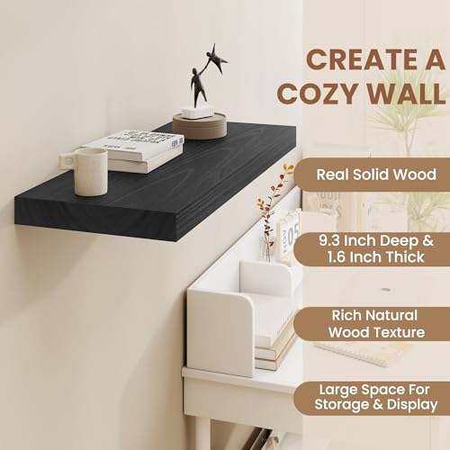 Fun Memories 9 Inch Deep Black Floating Shelves, Farmhouse Rustic Natural Wood Floating Shelf Wall Mounted, 30 x 9 Wall Shelves Set of 2, Deep Black Bathroom Shelves - color: Black, size: 30"W x 9.3"D
