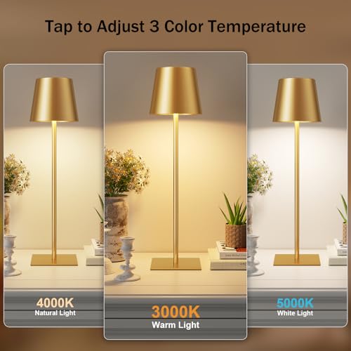 Kakanuo Gold Cordless Rechargeable Table Lamp, 4 Pack Portable Desk Lamp with 5000mAh Battery, Touch Control Stepless Dimming, Wireless Night Light for Dining, Outdoor Camping, Coffee Shop - color: Gold, size: 4 Pack