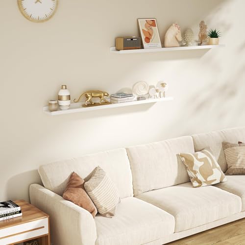 Love-KANKEI 48" Long White Floating Shelves with Lip,Solid Wood,Set of 2 | Protective Ledge,Easy to Install,26 Lbs/shelf,For Bedroom Living Room Bathroom Kitchen Office,Nursery Display,Wall Decor - color: White, size: 48inch