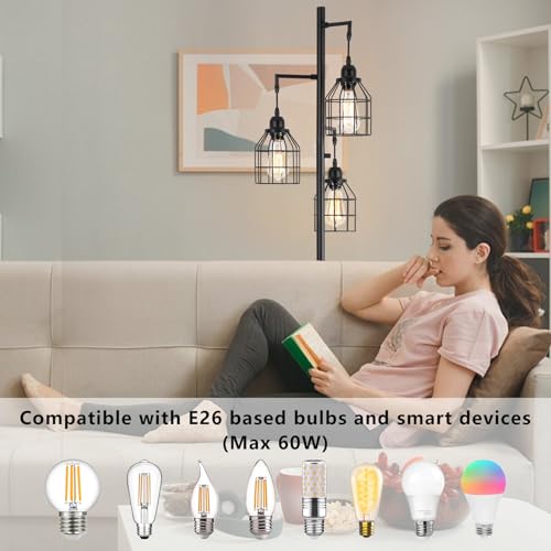 9MMML Floor Lamp for Living Room, Farmhouse Industrial Dimmable Floor lamp,3 Lights Metal Cage Tree Standing Lamp,68", 3Pcs Led Bulbs Included - color: Black B