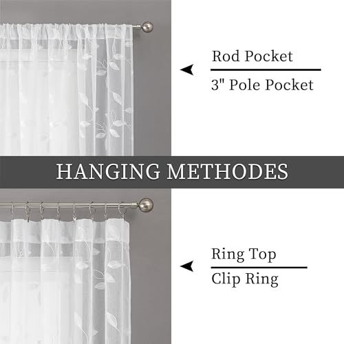 Tollpiz White Leaf Sheer Tier Curtains Leaves Embroidered Kitchen Short Curtain Rod Pocket Voile Bathroom Curtains for Cafe, 30 x 24 inches Long, Set of 2 Panels | Short Curtain Leaves Embroidered Rod Pocket Voile Bathroom Window Treatment for Cafe, Set o
