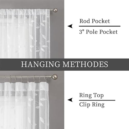 Tollpiz White Leaf Sheer Tier Curtain Kitchen 30 x 36 Inches | Leaves Embroidered Curtains Rod Pocket Voile Bathroom Window Treatment for Cafe, Set of 2 Panels - color: White, size: 30"W x 36"L (Pack of 2)