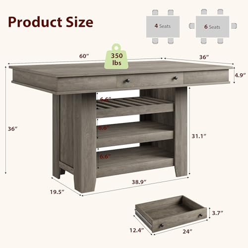 IDEALHOUSE 60" Wood Dining Table for 4-6, Counter Height Kitchen Table with Wine Rack and 2 Drawers, Open Shelves and Sturdy Legs, 4-Tier Stationary Kitchen Island for Dining Room and Kitchen - color: Grey